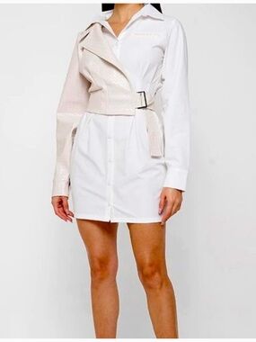 Maniere De Voir White Shirt Dress with Pale Nude Overlay